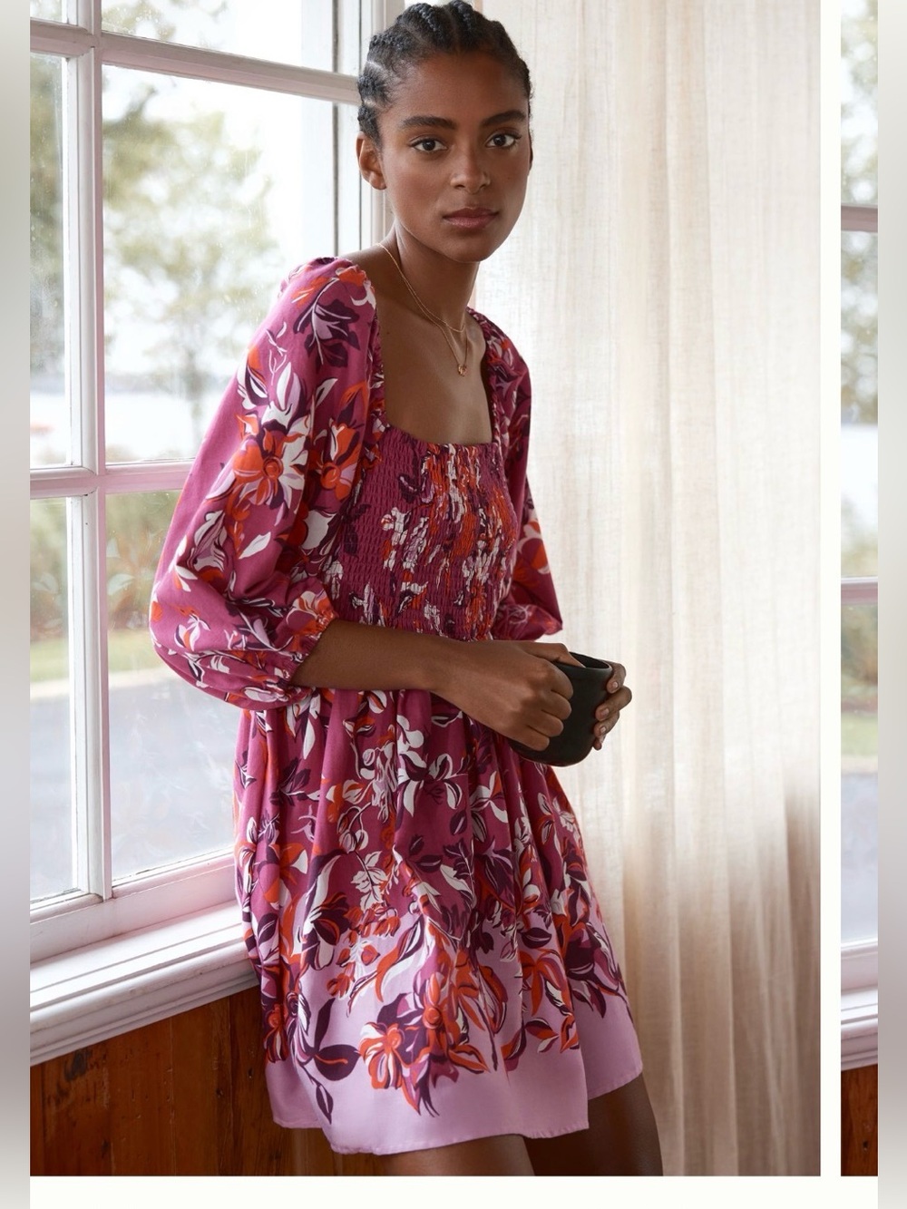 Anthropologie Smocked Flannel Dress Floral Smocked Peasant mini women’s size XL